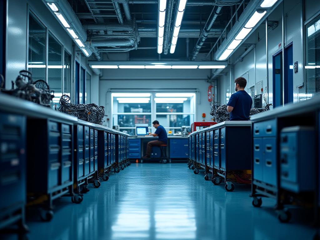 Lumina Car Mods workshop interior with a technician working on performance parts with advanced equipment.